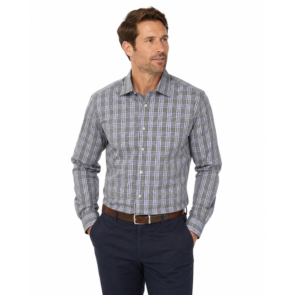 Peter Millar Mens M, Button Down Shirt Plaid Checkered Gray Blue Cotton Office